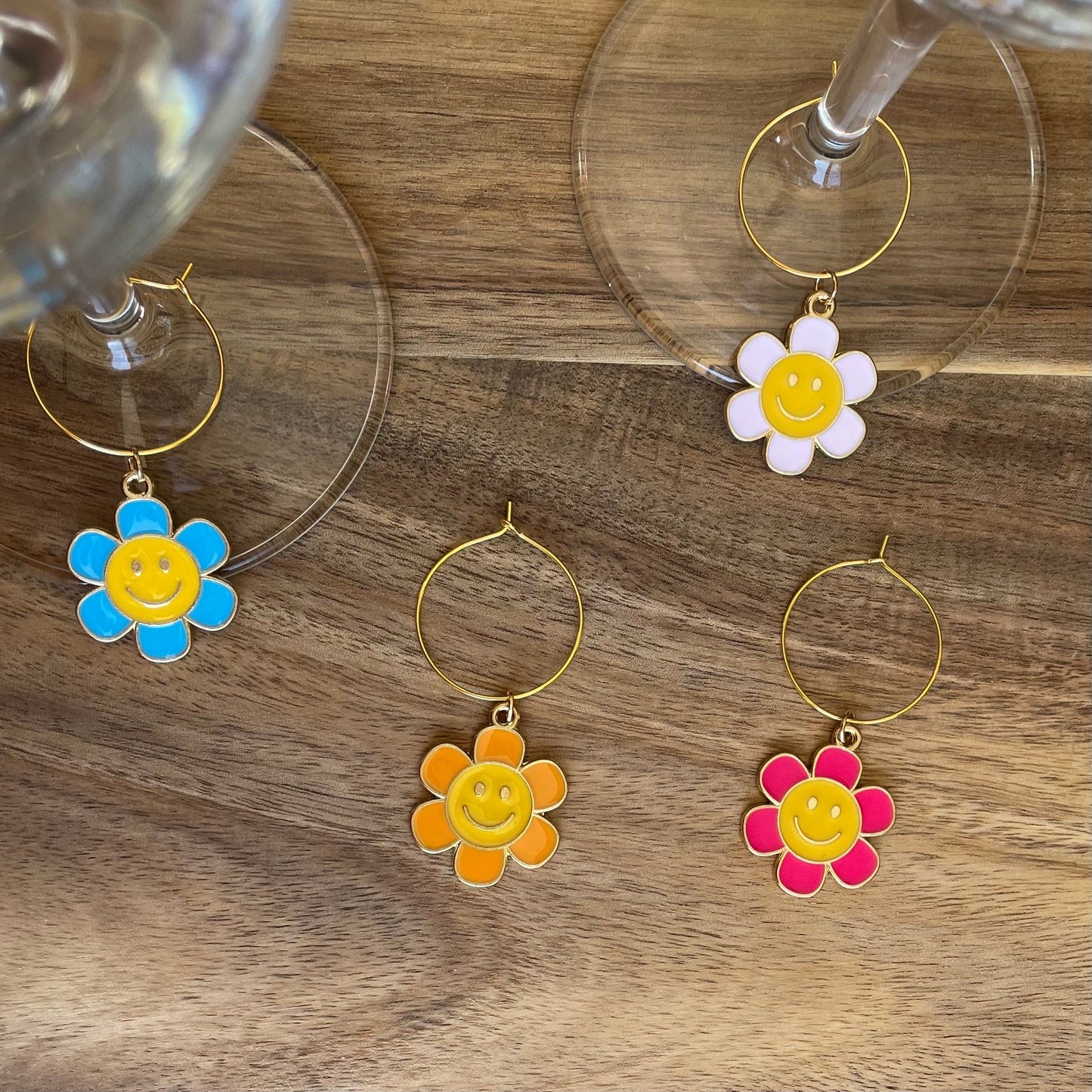 Flower Happy Face Gold 25mm Wine Glass Charm Rings Set with Enamel Gold Charms