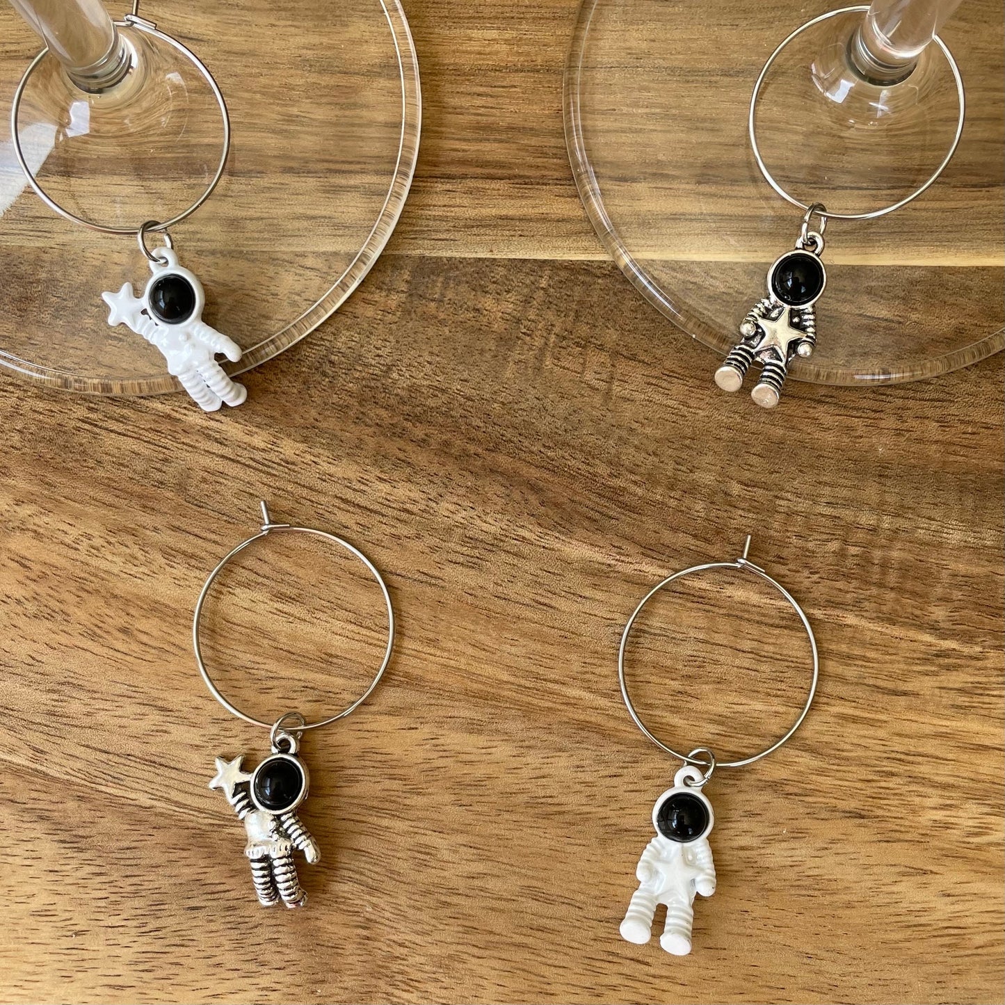 Astronaut Themed Gold or Silver 25mm Wine Glass Charm Rings with Charms