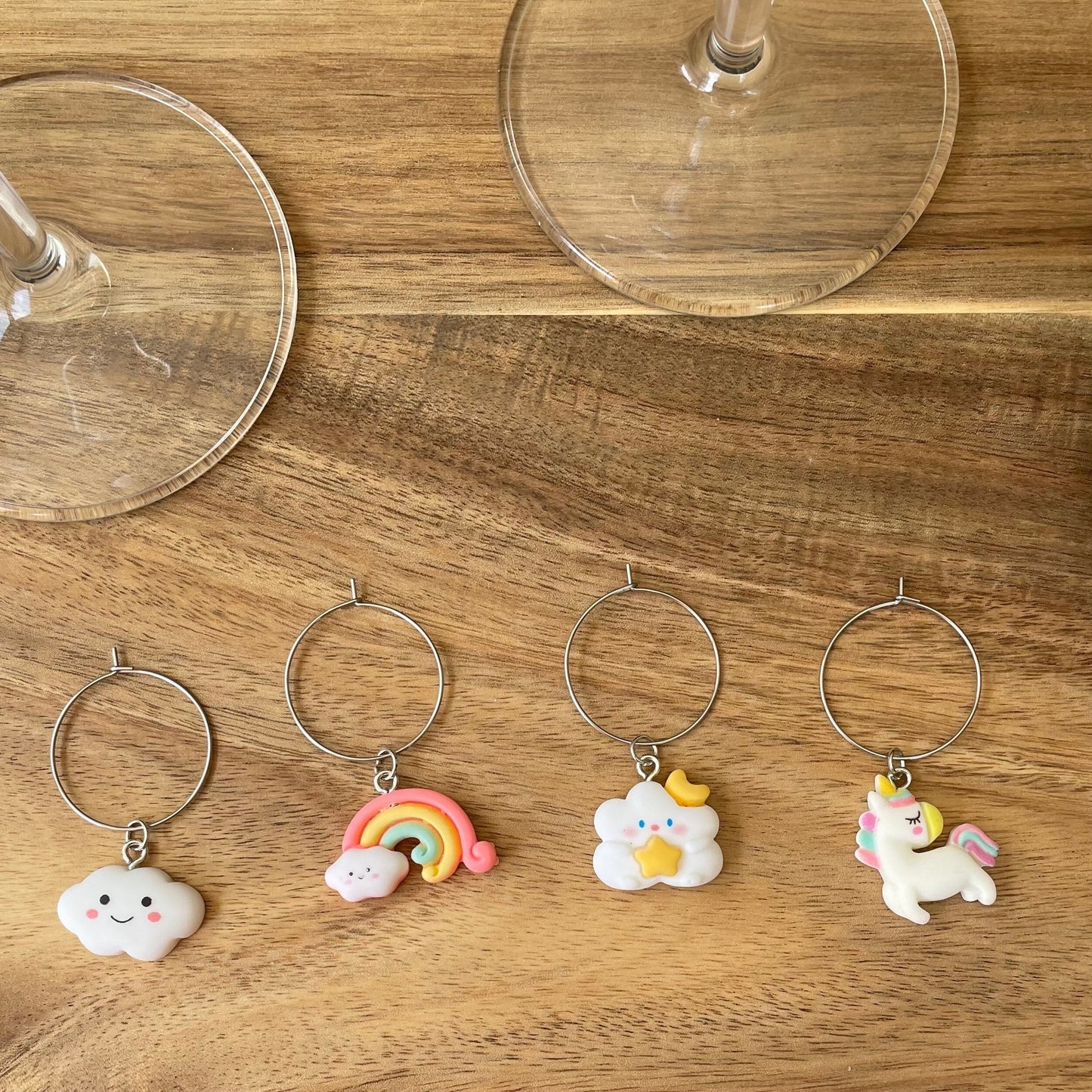 Rainbows and Unicorns Silver 25mm Wine Glass Charm Rings with Resin Charms