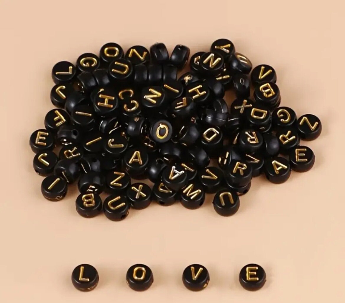 Black with Gold Letters Personalised Individual Silver or Gold Wine Glass Charm Rings with Letter Beads
