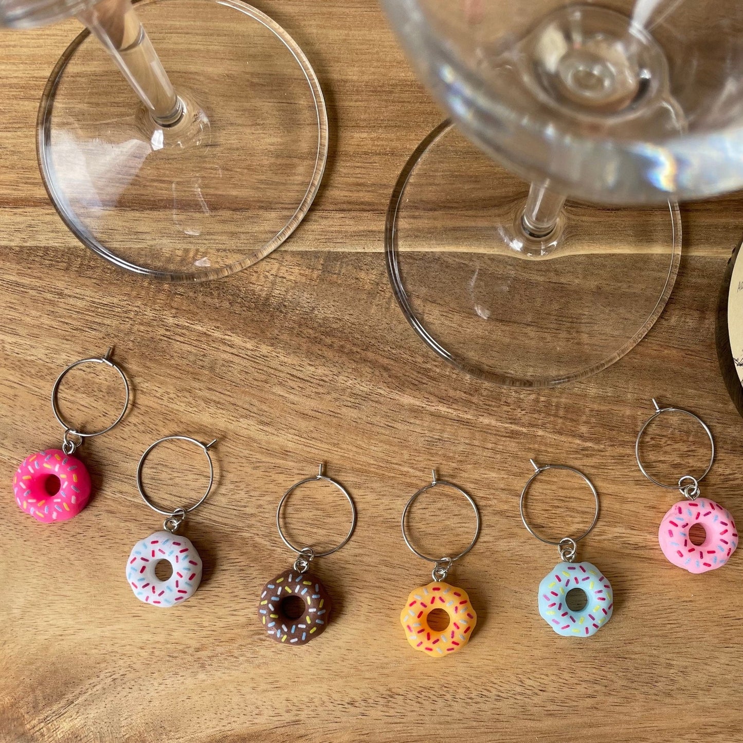 Individual Silver 20mm Wine Glass Charm Rings with Donuts Charms