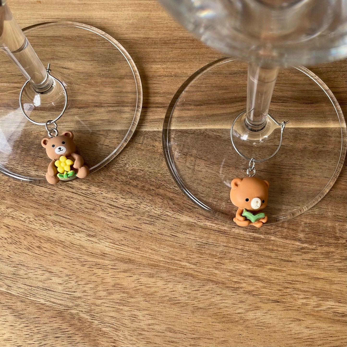 Individual Silver 20mm Wine Glass Charm Rings with Bear Charms