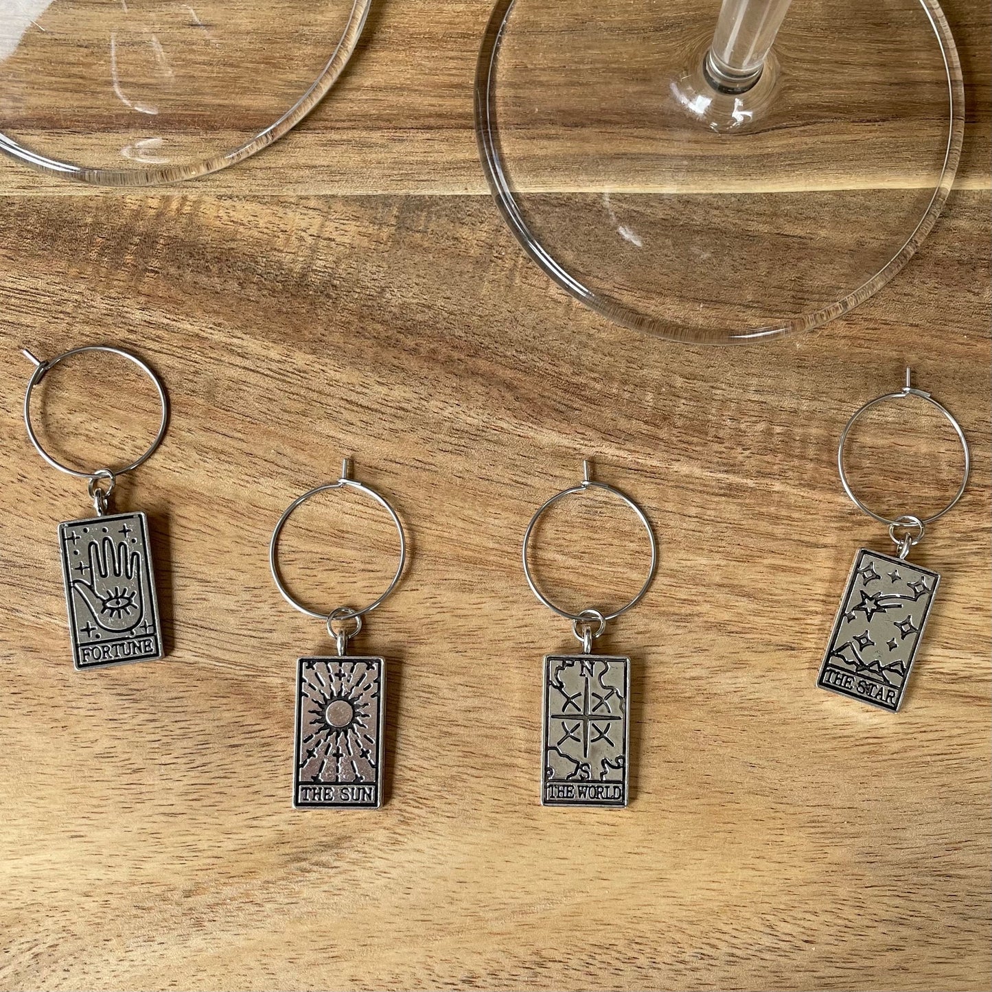Individual Silver 20mm Wine Glass Charm Rings with Tarot Card Charms