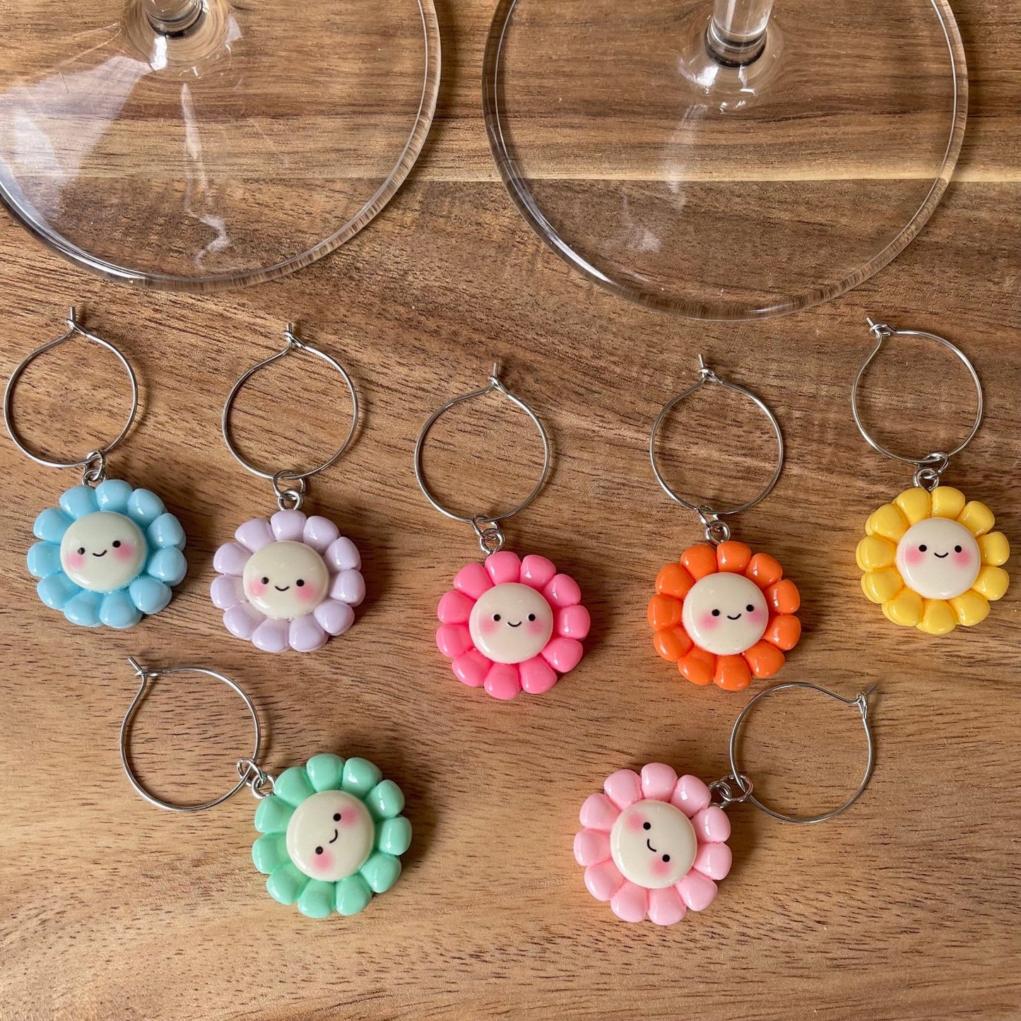 Individual Silver 20mm Wine Glass Charm Rings with Flowers with Face Charms