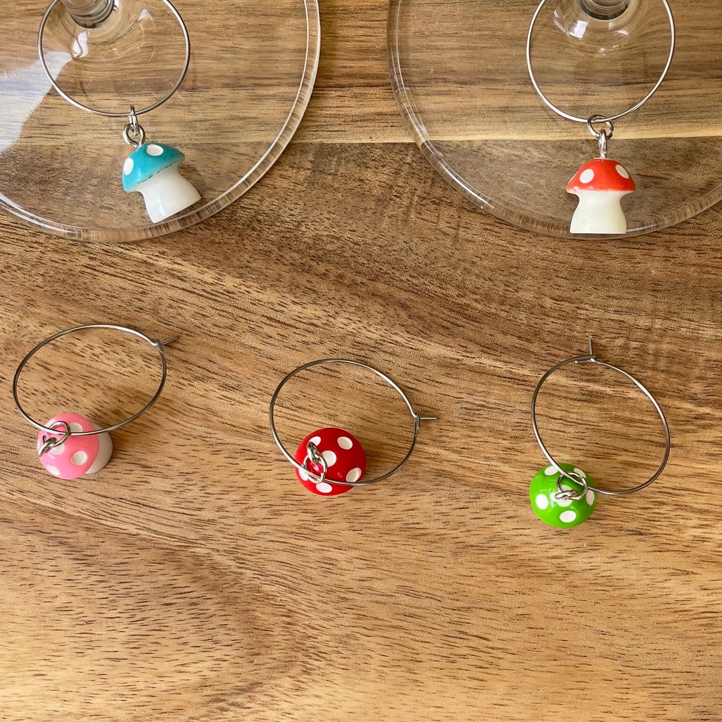 Mushroom Silver 25mm Wine Glass Charm Rings, Toadstool Charms