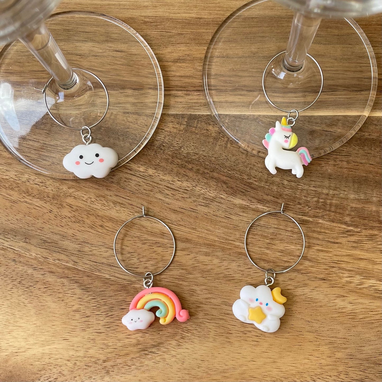Rainbows and Unicorns Silver 25mm Wine Glass Charm Rings with Resin Charms