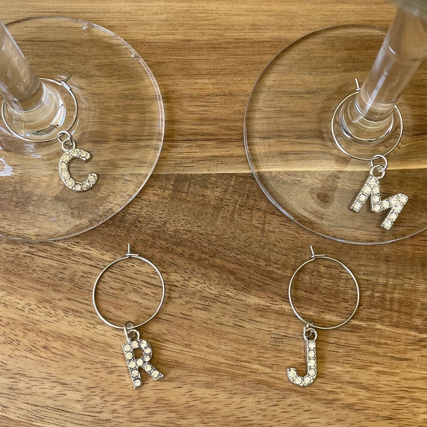 Individual Silver 20mm Wine Glass Charm Rings with Capital Letter Alphabet Rhinestone Charms