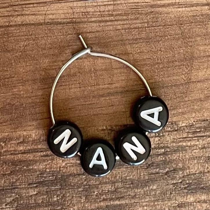 Black with White Letter Beads Personalised Individual Silver or Gold Wine Glass Charm Rings with Letter Beads