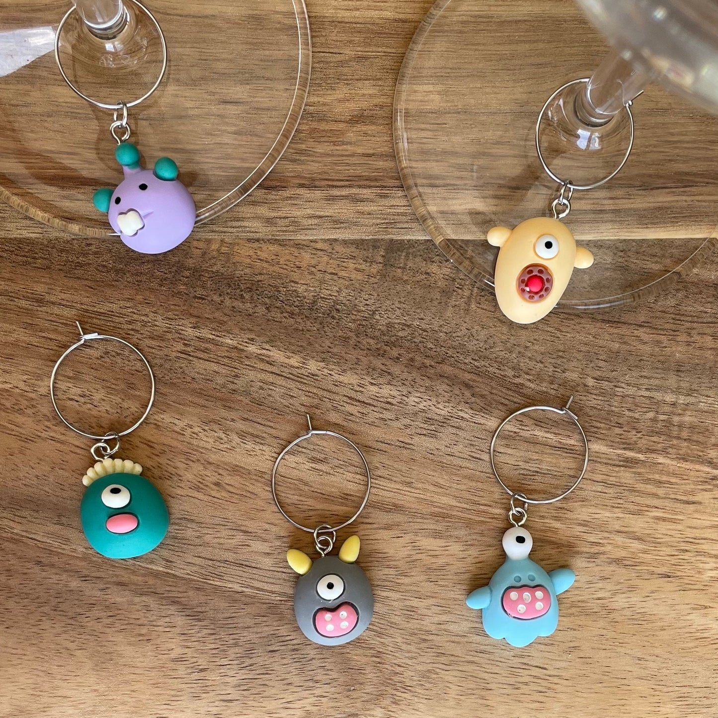 Individual Silver 20mm Wine Glass Charm Rings with Monster and Octopus Charms