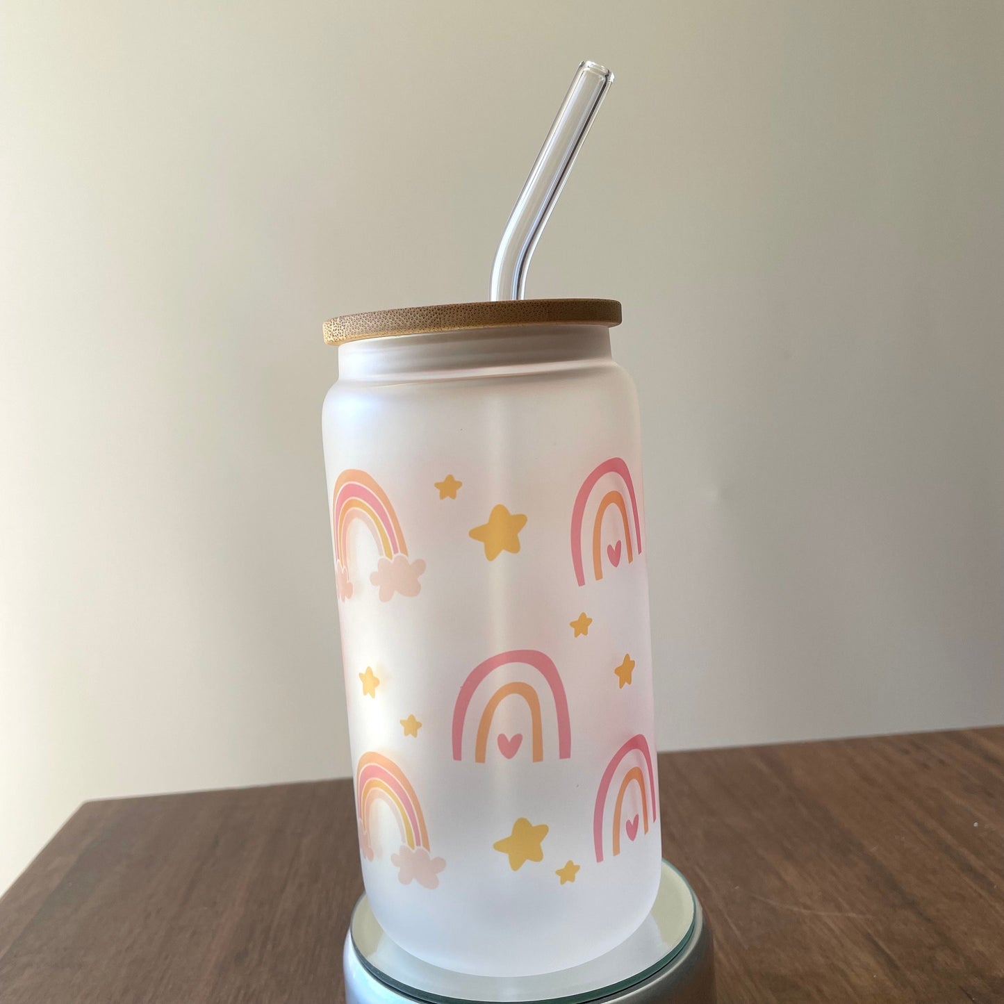 Rainbows Sublimated 16oz Frosted Libbey Glass Can with Bamboo Lid and reusable straw.