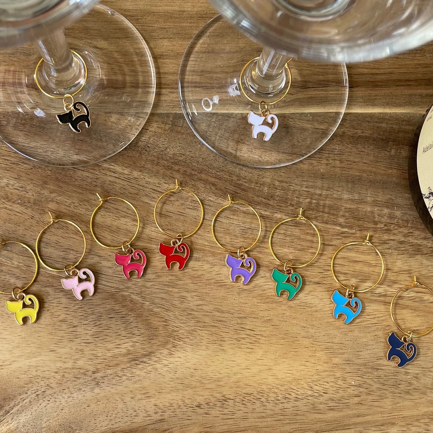 Individual Gold Cat 20mm Wine Glass Charm Rings