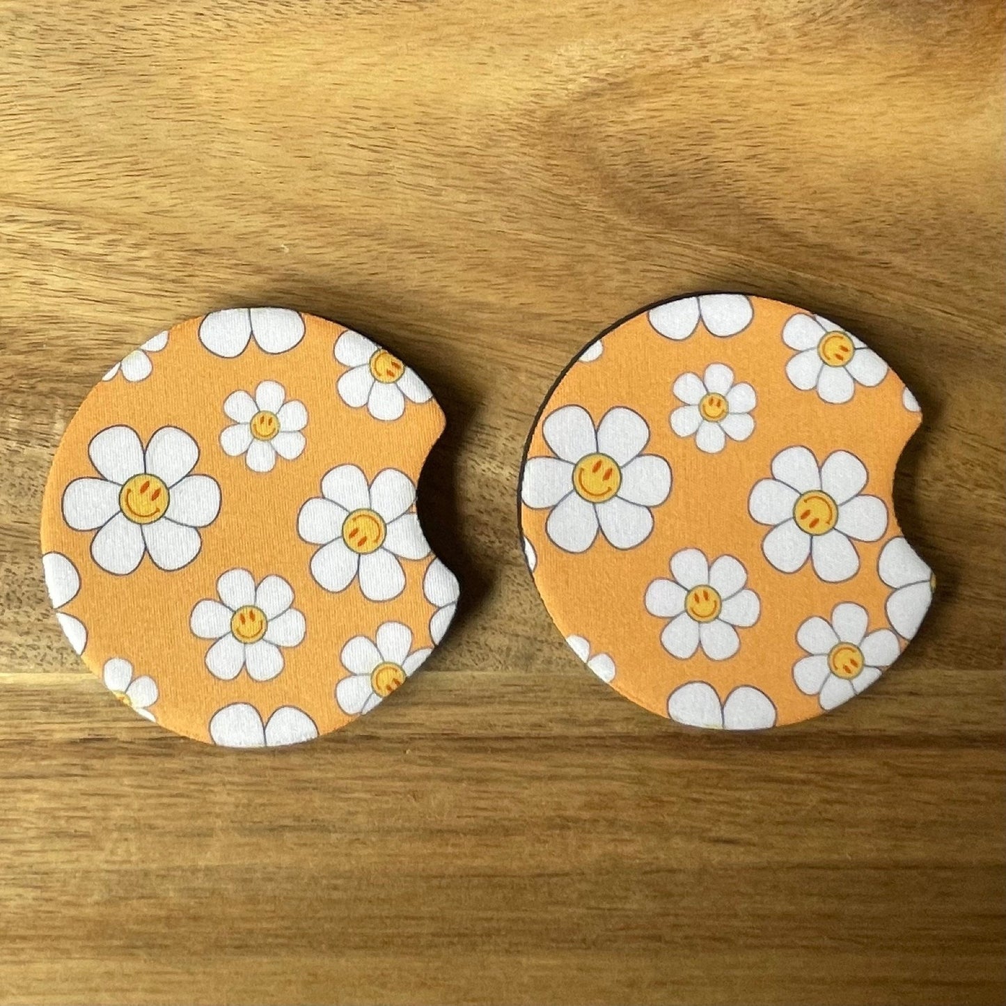 White Happy Flowers on Orange Background Car Coasters Pack of 2, Cup Holder Coasters