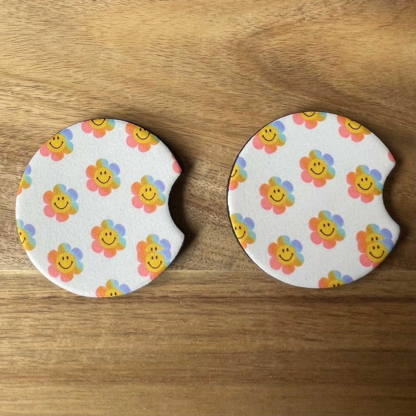 Colourful Happy Flowers Car Coasters Pack of 2, Cup Holder Coasters