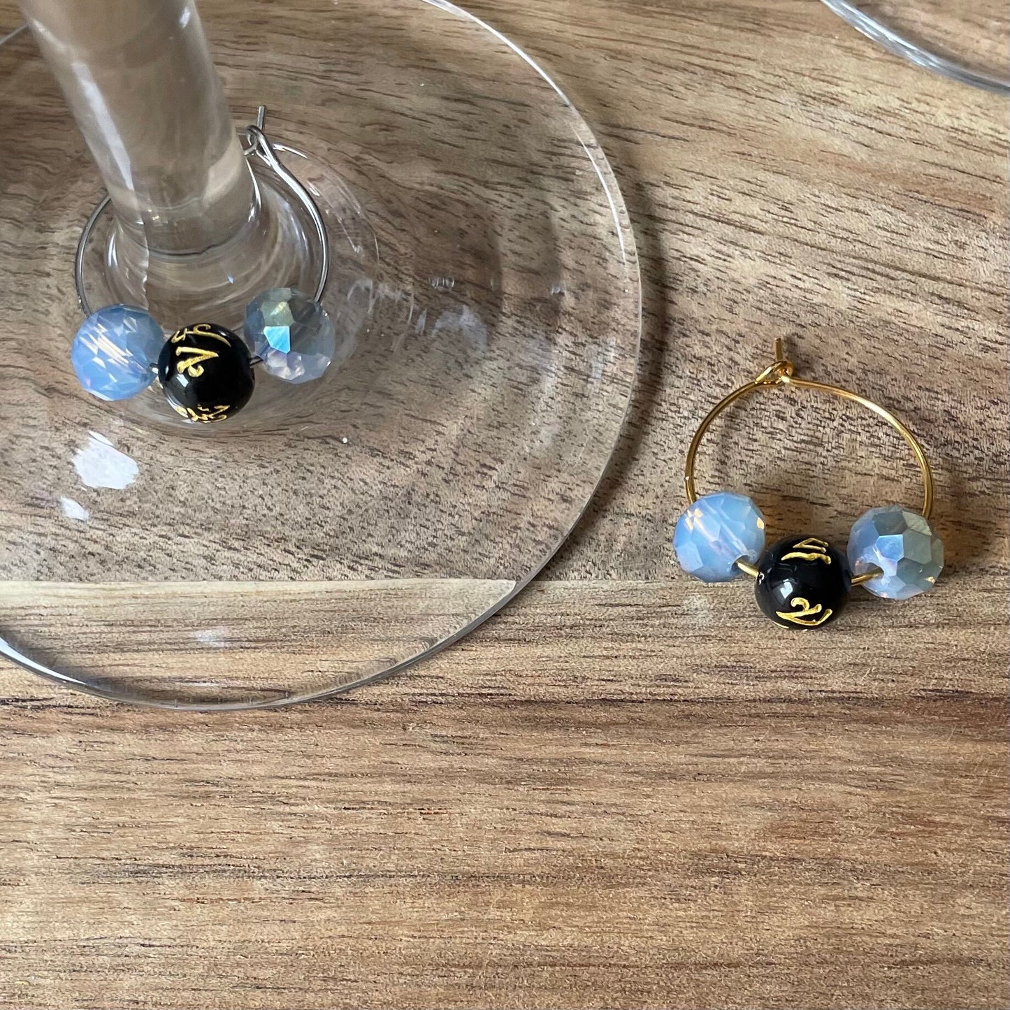 Individual Silver or Gold 20mm Wine Glass Charm Rings with Gemstones and Feng Shui Beads