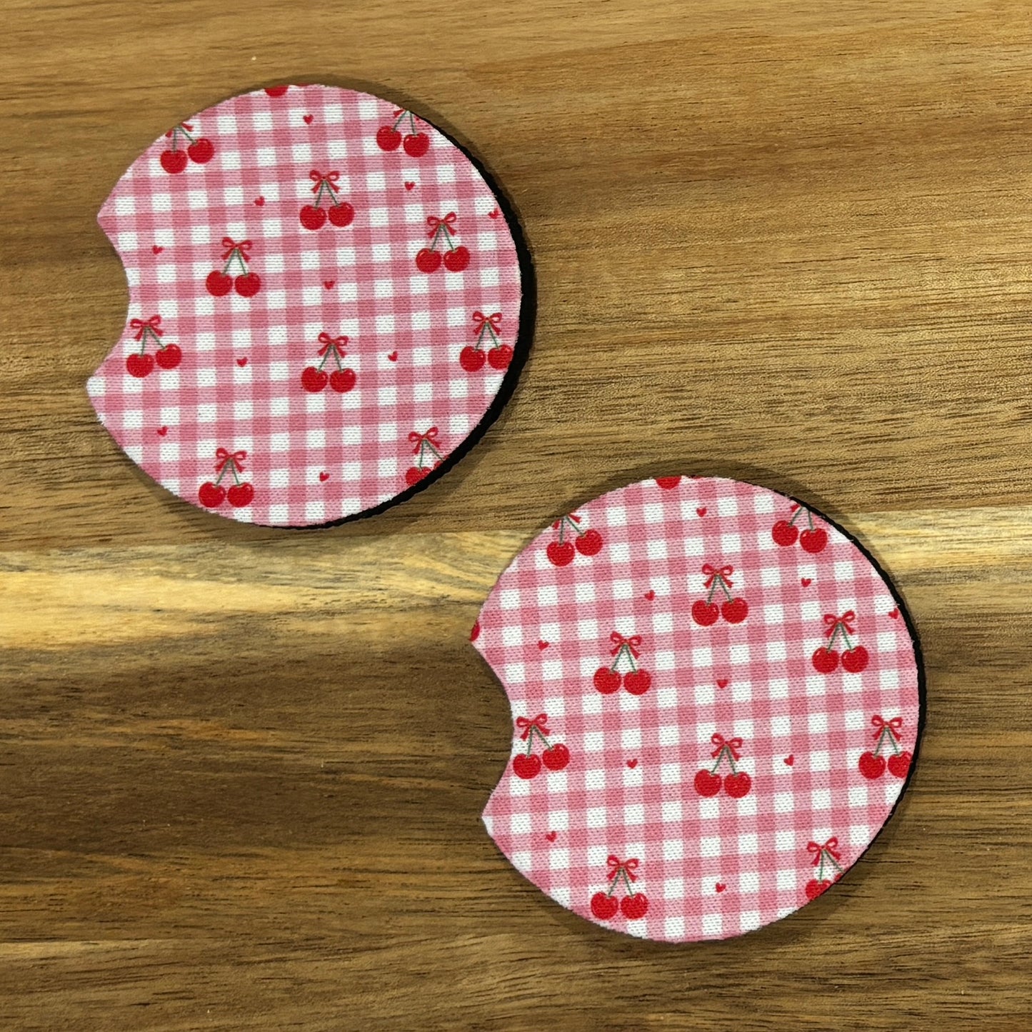 Cherries on Checkered Background Car Coasters Pack of 2