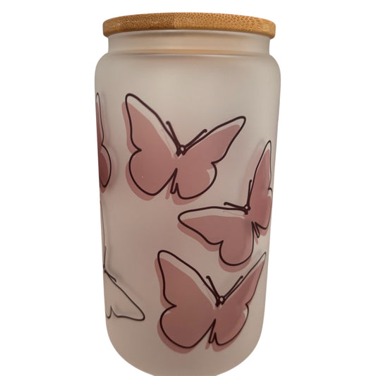 Butterfly Sublimated 16oz Frosted Libbey Glass Can with Bamboo Lid and reusable straw.