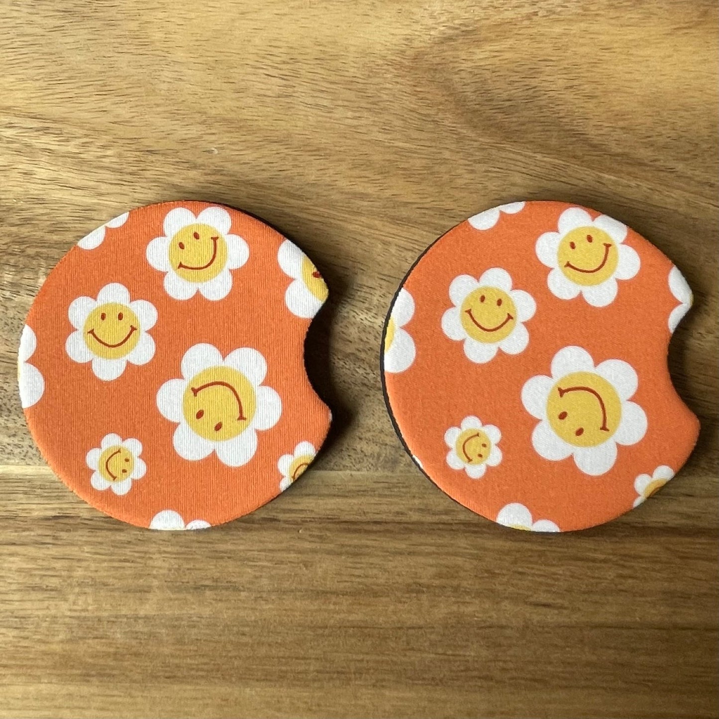 White Flowers on Terracotta Car Coasters Pack of 2, Cup Holder Coasters