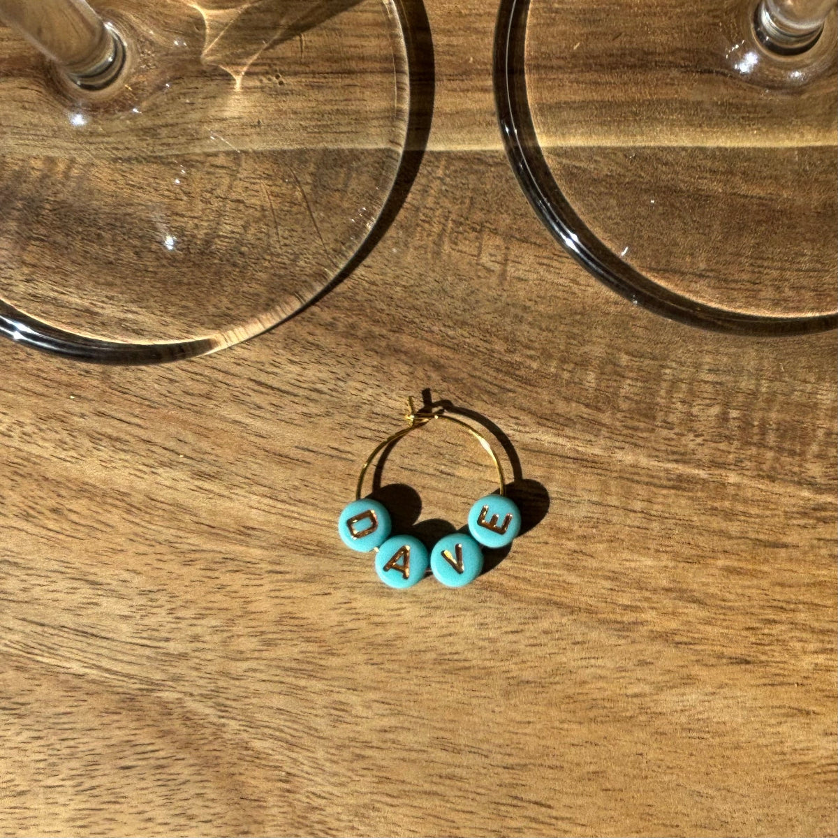 Blue with Gold Letters Personalise Individual Silver or Gold Wine Glass Charm Rings with Letter Beads