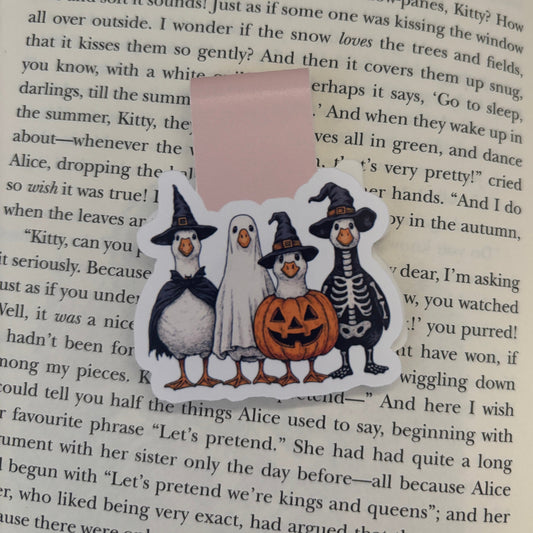 Geese dressed up in Halloween costumes magnetic bookmark