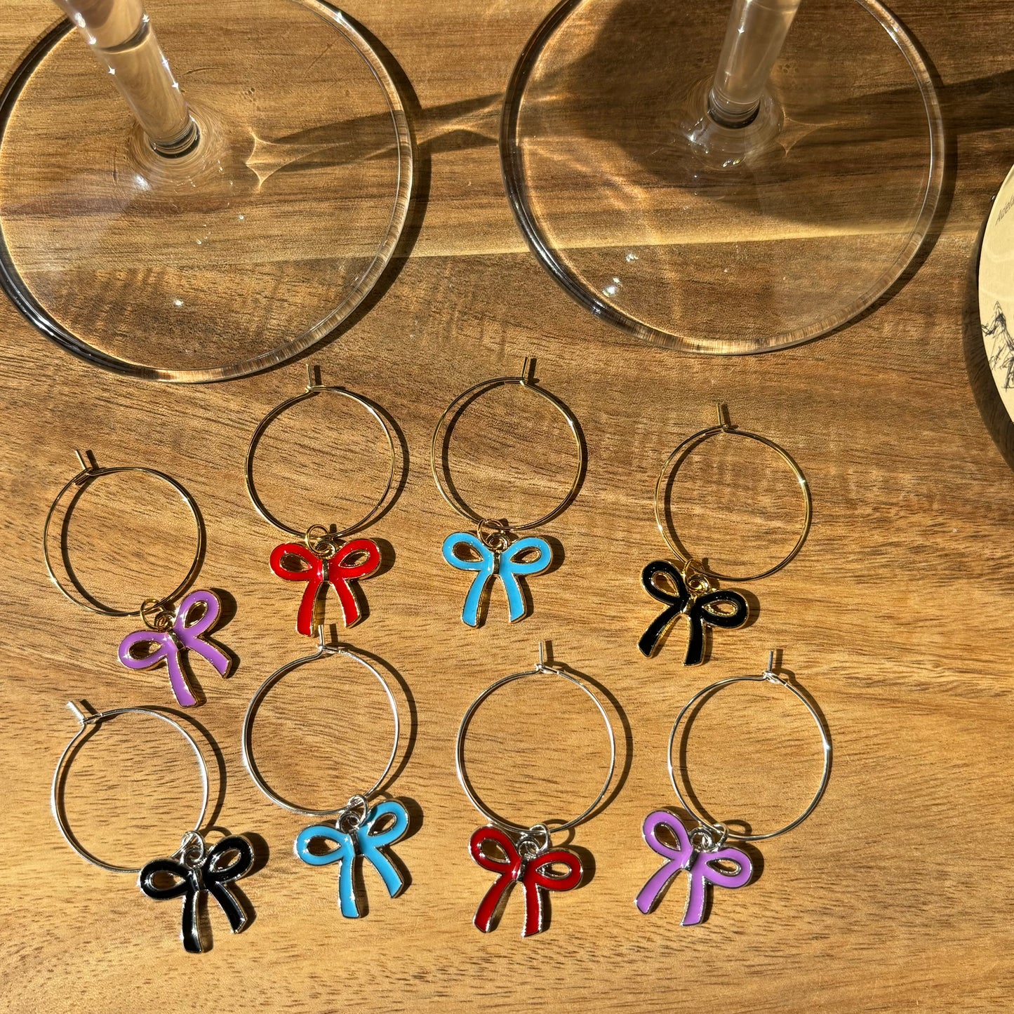 4 Pack Coquette Bow 25mm Wine Glass Charm Rings, Available in Gold or Silver