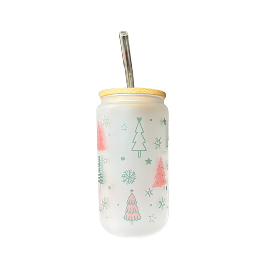 Christmas Trees Sublimated 16oz Frosted Libbey Glass Can with Bamboo Lid and reusable glass straw