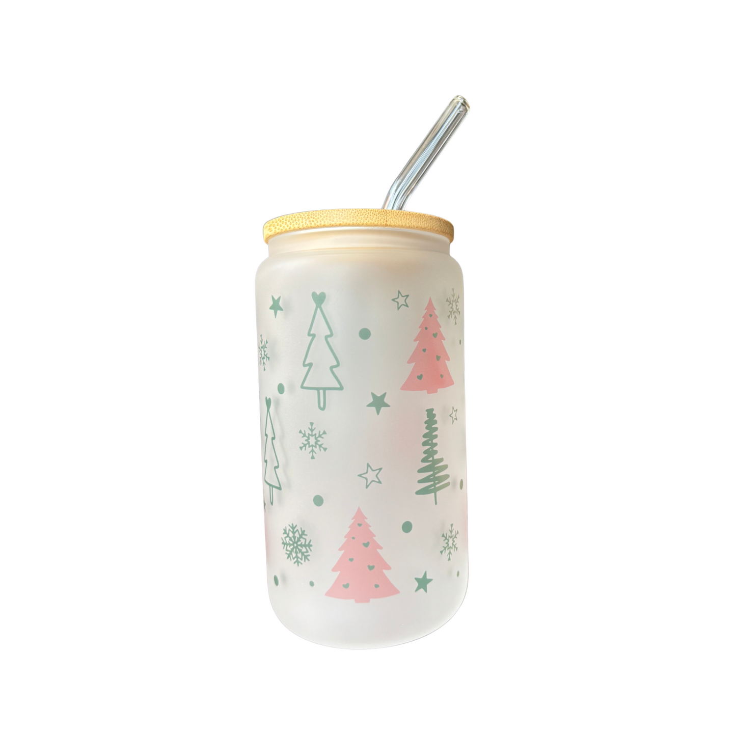 Christmas Trees Sublimated 16oz Frosted Libbey Glass Can with Bamboo Lid and reusable glass straw