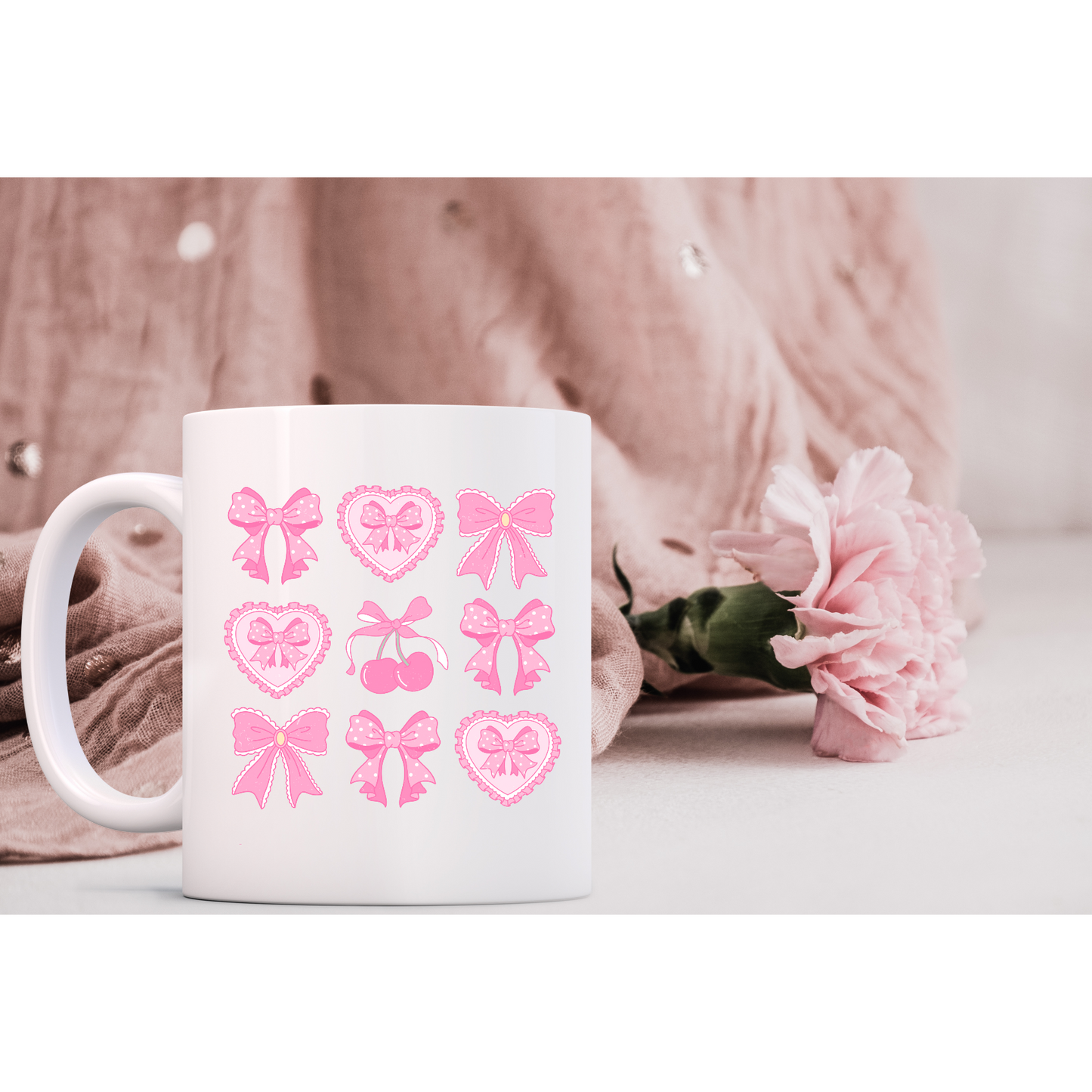 Bows and Hearts Coquette White Ceramic Mugs 11oz or 15oz