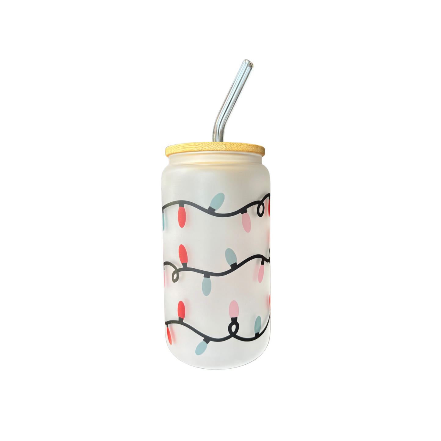 Christmas Lights Sublimated 16oz Frosted Libbey Glass Can with Bamboo Lid and reusable glass straw