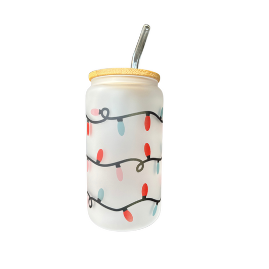Christmas Lights Sublimated 16oz Frosted Libbey Glass Can with Bamboo Lid and reusable glass straw