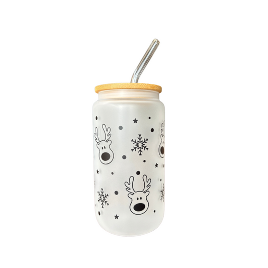Reindeer Sublimated 16oz Frosted Libbey Glass Can with Bamboo Lid and reusable glass straw