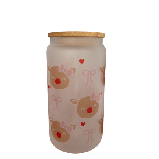 Cute Reindeer Sublimated 16oz Frosted Libbey Glass Can with Bamboo Lid and reusable straw.