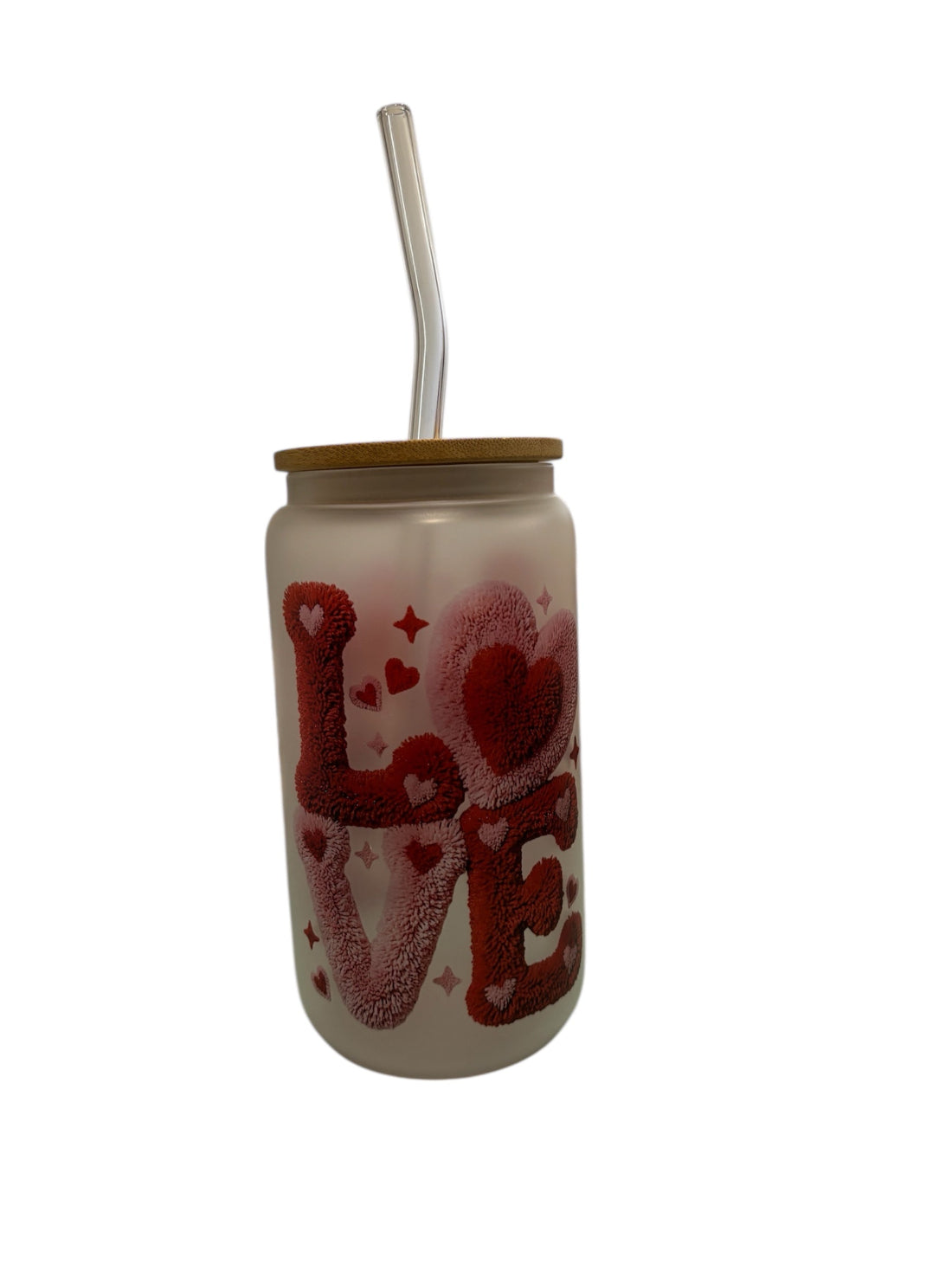 LOVE Sublimated 16oz Frosted Libbey Glass Can with Bamboo Lid and reusable straw.
