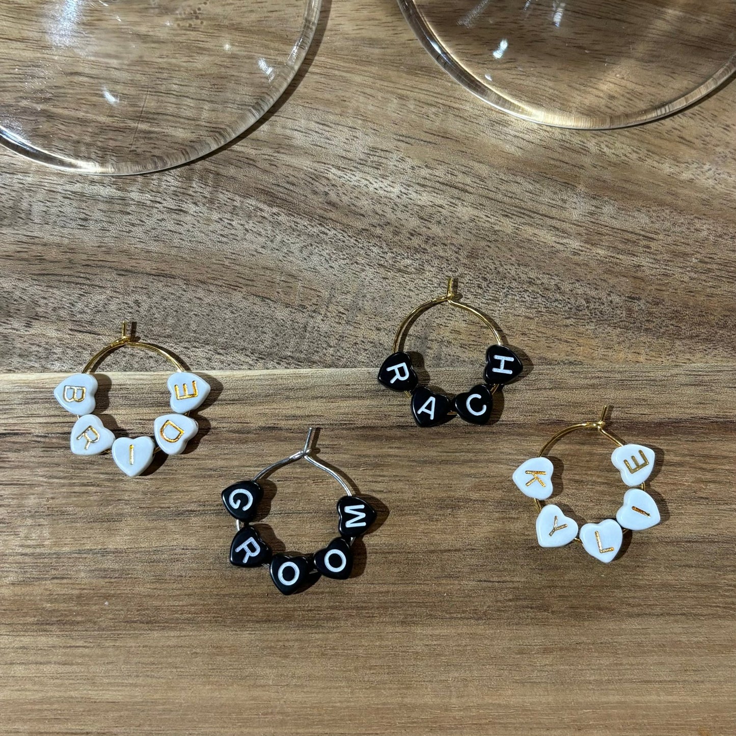 Handmade Silver or Gold Wine Glass Charms with Heart Acrylic Letter Beads to Personalise.