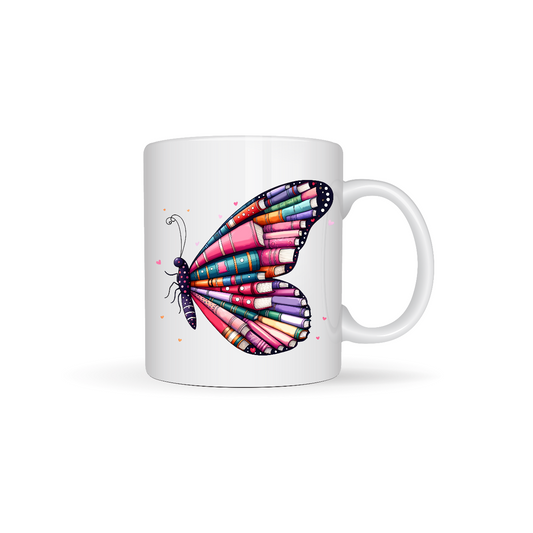 Butterfly with Books in Wing Reading Themed Designs White Ceramic Mugs 11oz or 15oz