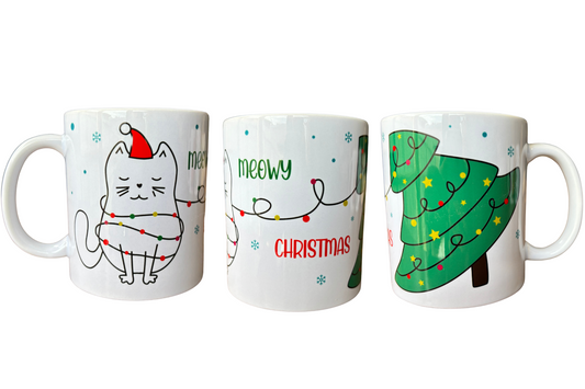 Meowy Christmas White Ceramic Mugs 11oz or 15oz