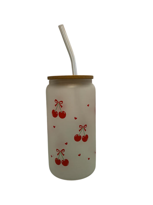 Cherries and Hearts Sublimated 16oz Frosted Libbey Glass Can with Bamboo Lid and reusable straw.