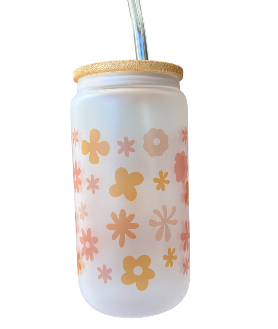 Colourful Flowers Sublimated 16oz Frosted Libbey Glass Can with Bamboo Lid and reusable straw.