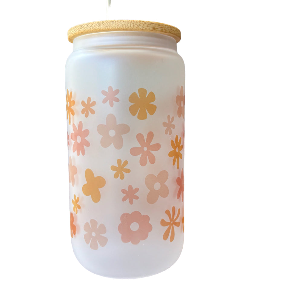 Colourful Flowers Sublimated 16oz Frosted Libbey Glass Can with Bamboo Lid and reusable straw.