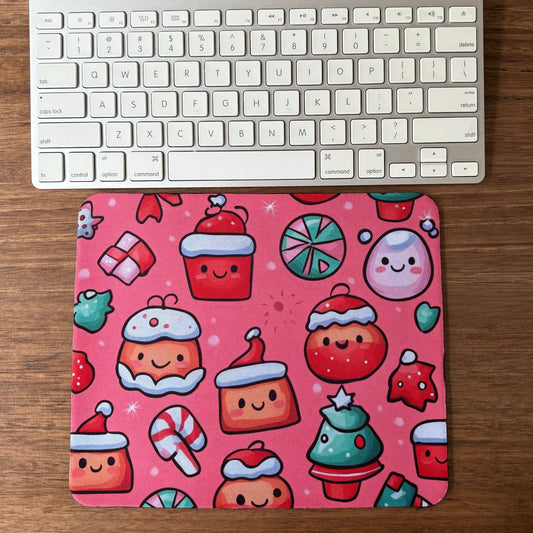 Kawaii Christmas Themed  Mousepad with Pink Background