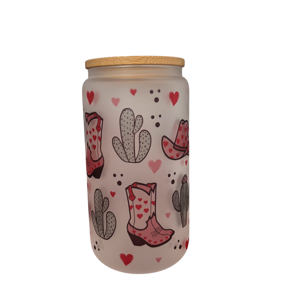 Cowgirl Sublimated 16oz Frosted Libbey Glass Can with Bamboo Lid and reusable straw.