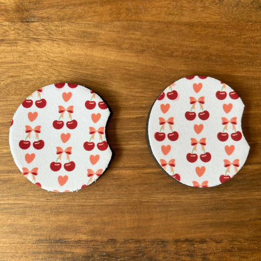 Cherries with Bow Coquette Car Coasters Pack of 2, Cup Holder Coasters