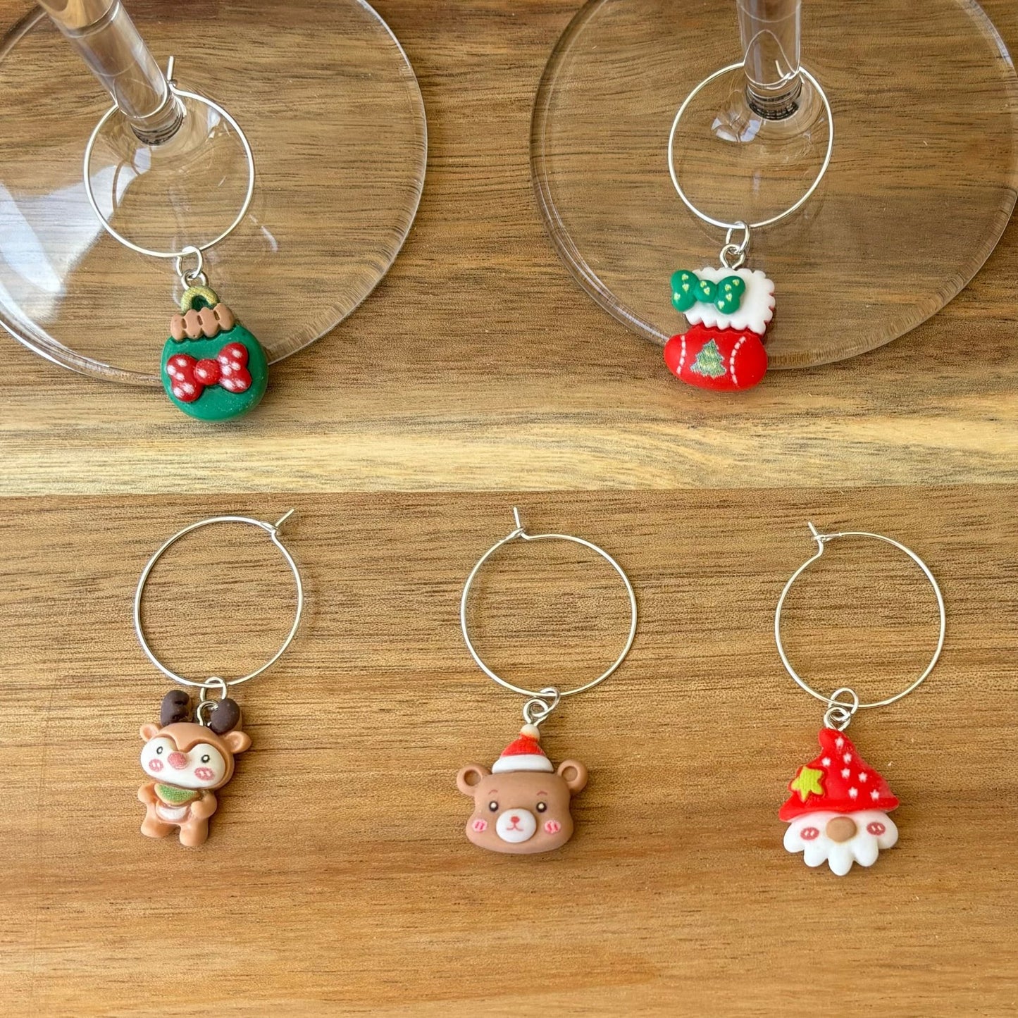 Christmas Silver 25mm Wine Glass Charm Rings with Resin Charms