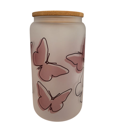 Butterfly Sublimated 16oz Frosted Libbey Glass Can with Bamboo Lid and reusable straw.