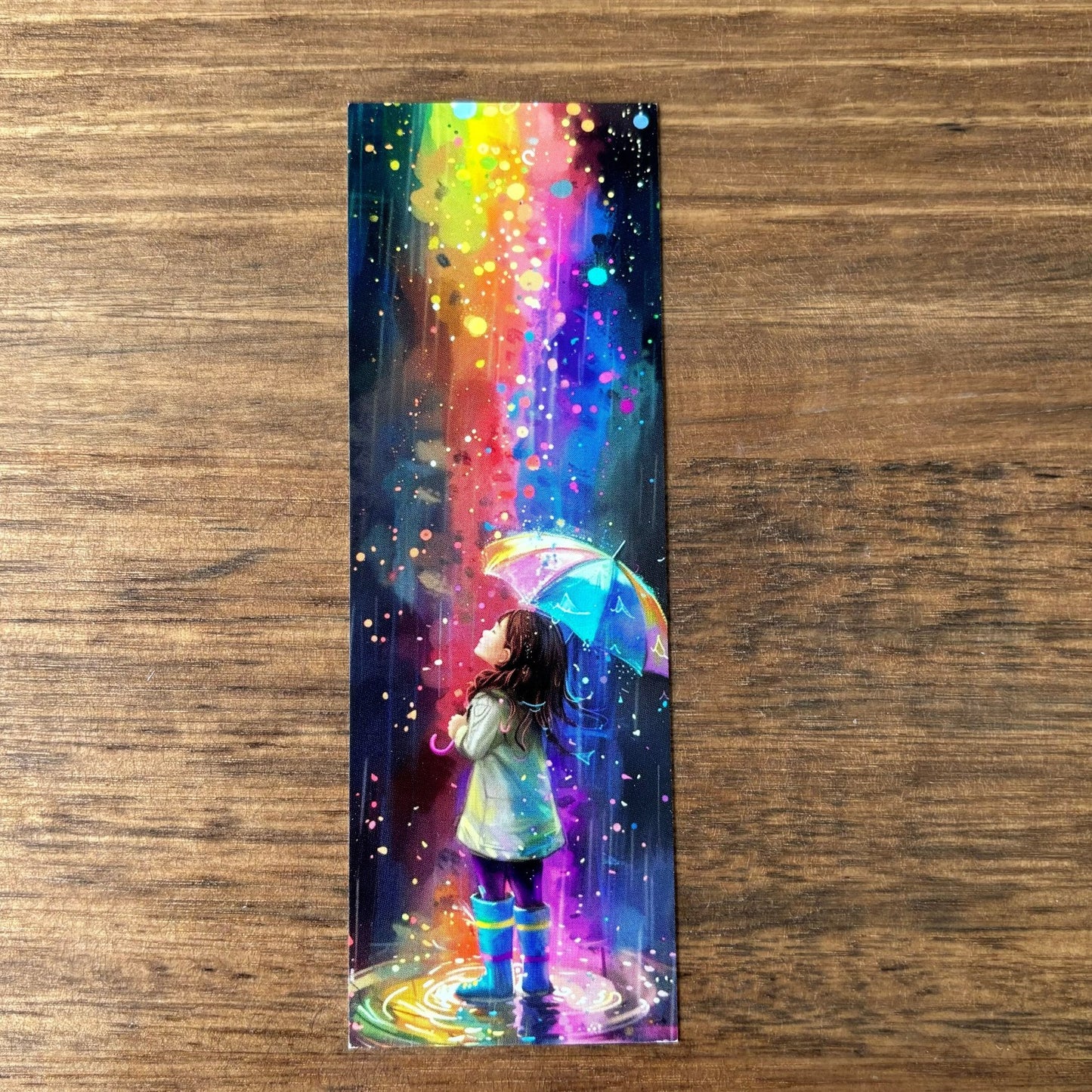 Girl with Umbrella in Colourful Rain Printed Bookmark