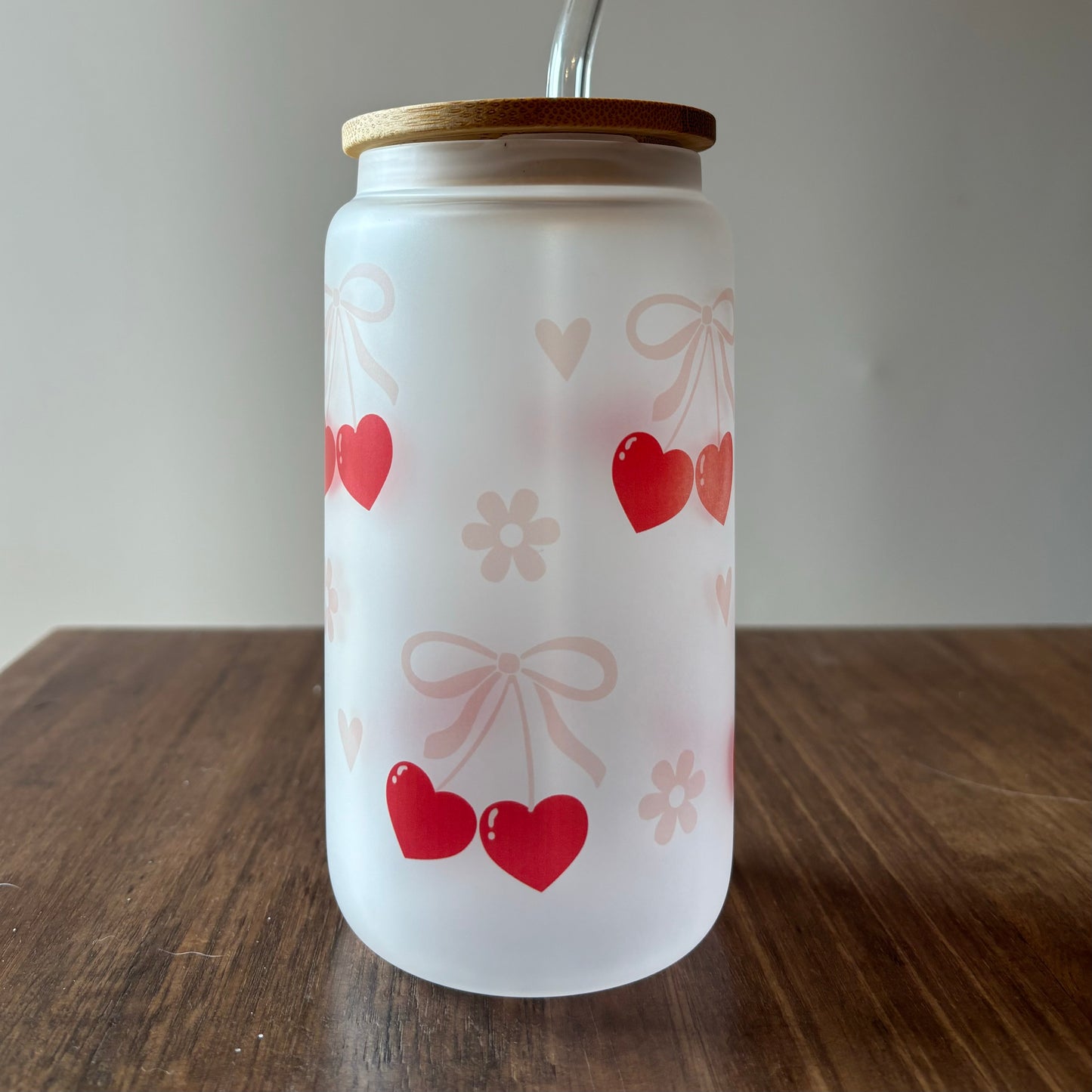 Coquette Sublimated 16oz Frosted Libbey Glass Can with Bamboo Lid and reusable straw.