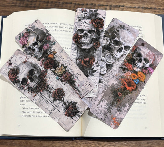 skulls and flowers on bookmark