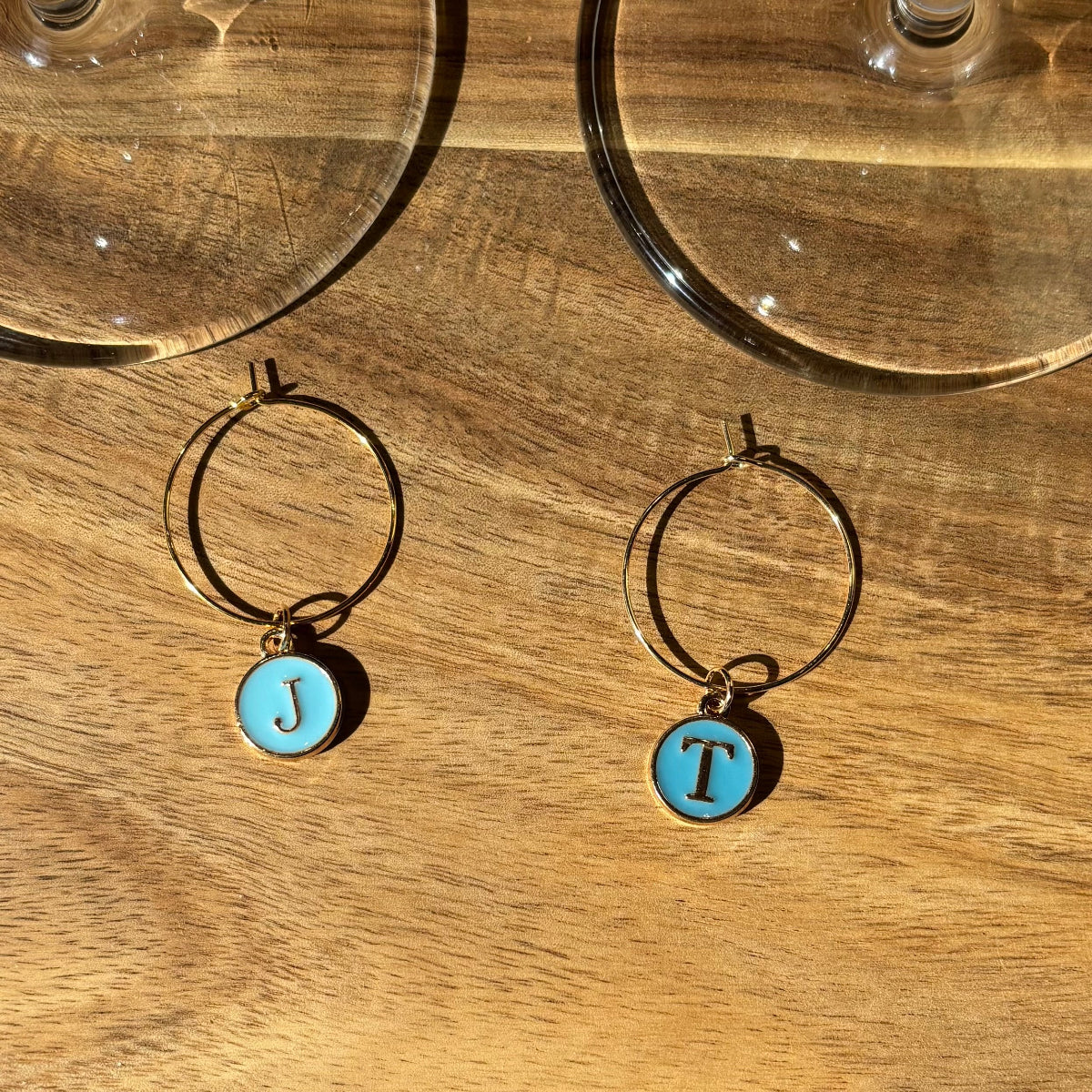 Personalise Gold Alphabet Charm 25mm Wine Glass Charm Rings - Blues