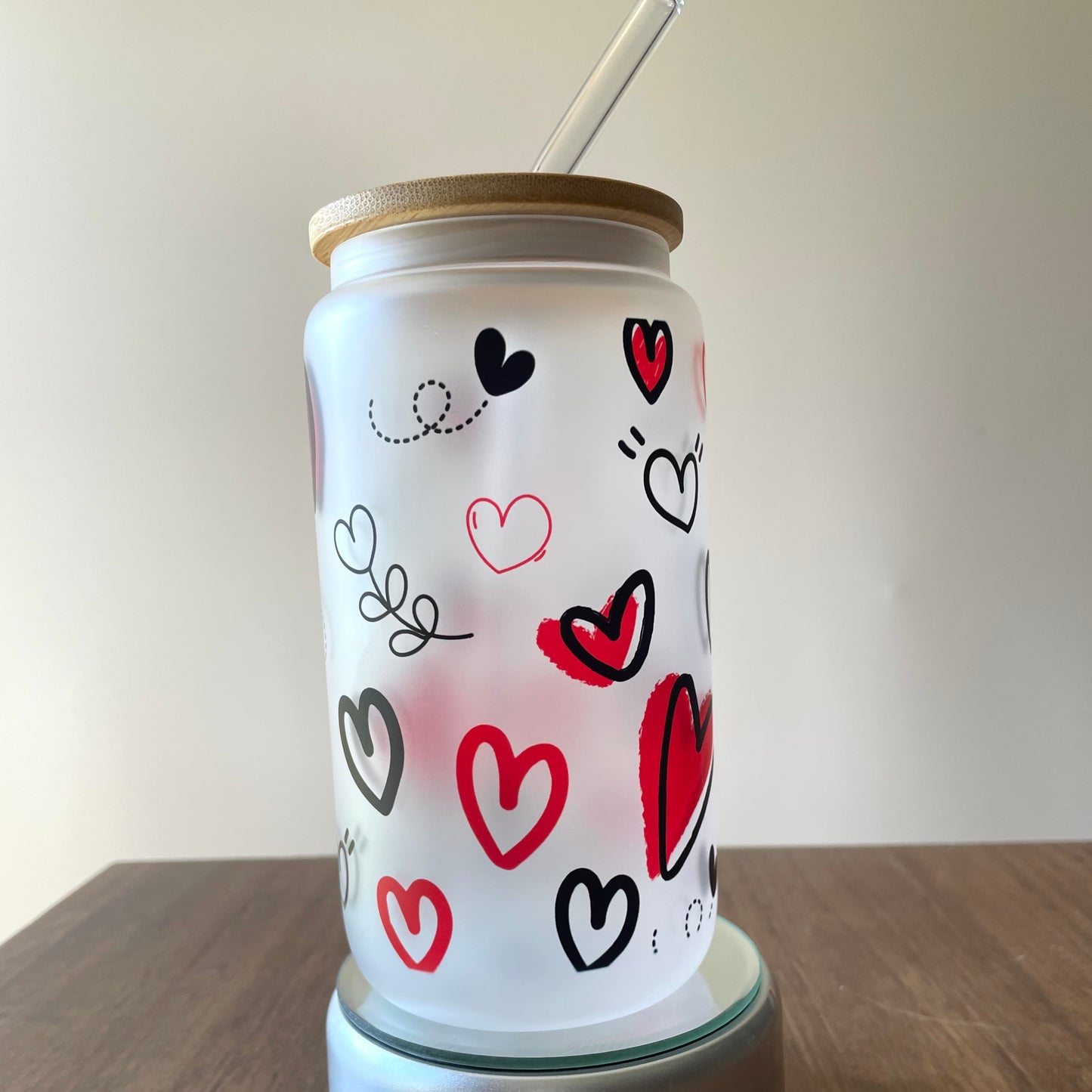 Hearts Sublimated 16oz Frosted Libbey Glass Can with Bamboo Lid and reusable straw.