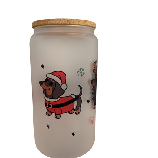 Sausage Dog Christmas Sublimated 16oz Frosted Libbey Glass Can with Bamboo Lid and reusable straw.