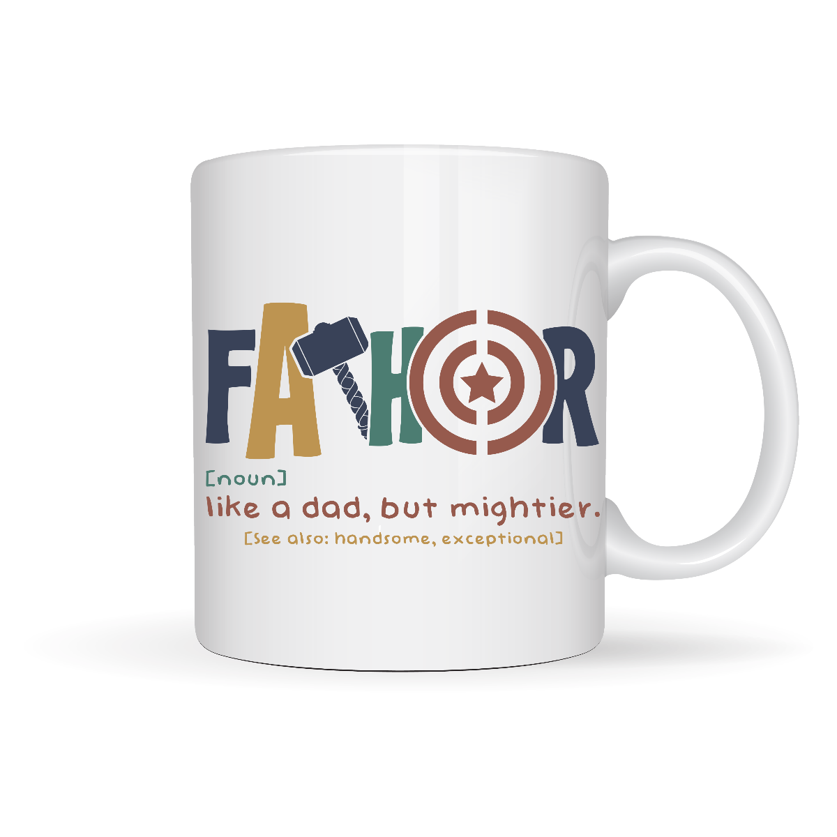 White mug with colorful text and graphics on a white background